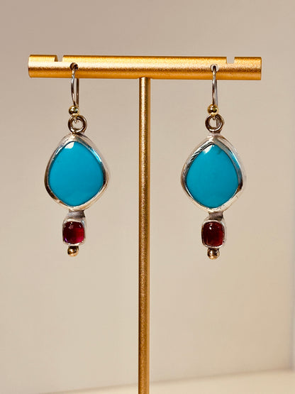 Sleeping Beauty turquoise and pink tourmaline earrings